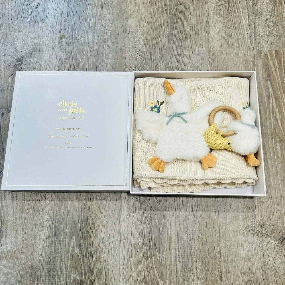 Pottery Barn Kids Chris Loves Julia Duck Gift Set Blanket Lovey Rattle 3pc Cream